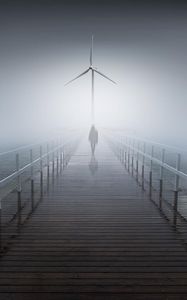 Превью обои силуэт, туман, мост, ветрогенератор