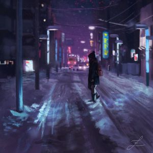 Превью обои силуэт, улица, арт, город, ночь, фонари