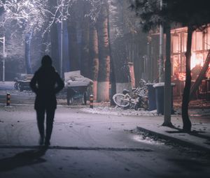 Превью обои силуэт, улица, ночь, снег