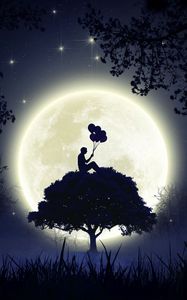 Превью обои силуэт, воздушные шарики, луна, полнолуние, дерево, арт