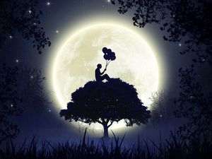 Превью обои силуэт, воздушные шарики, луна, полнолуние, дерево, арт