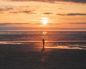 Превью обои силуэт, закат, море, берег, горизонт, одинокий