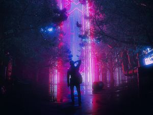 Превью обои силуэт, здания, неон, ночь, арт