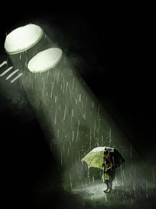 Превью обои силуэт, зонтик, дождь, свет, луч, арт