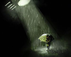 Превью обои силуэт, зонтик, дождь, свет, луч, арт