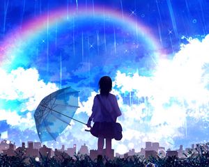 Превью обои силуэт, зонтик, радуга, дождь, арт