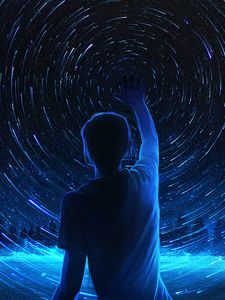 Превью обои силуэт, звездное небо, арт, ночь, блеск, синий