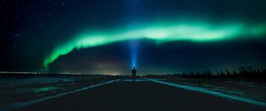 Превью обои силуэт, звездное небо, сияние, ночь
