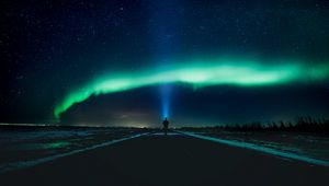 Превью обои силуэт, звездное небо, сияние, ночь