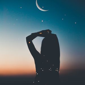 Превью обои силуэт, звездное небо, звезды, луна, ночь