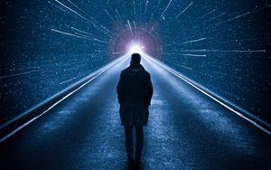 Превью обои силуэт, звезды, свет, темный, дорога