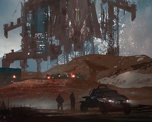 Превью обои силуэты, автомобиль, ракета, станция, sci-fi, арт