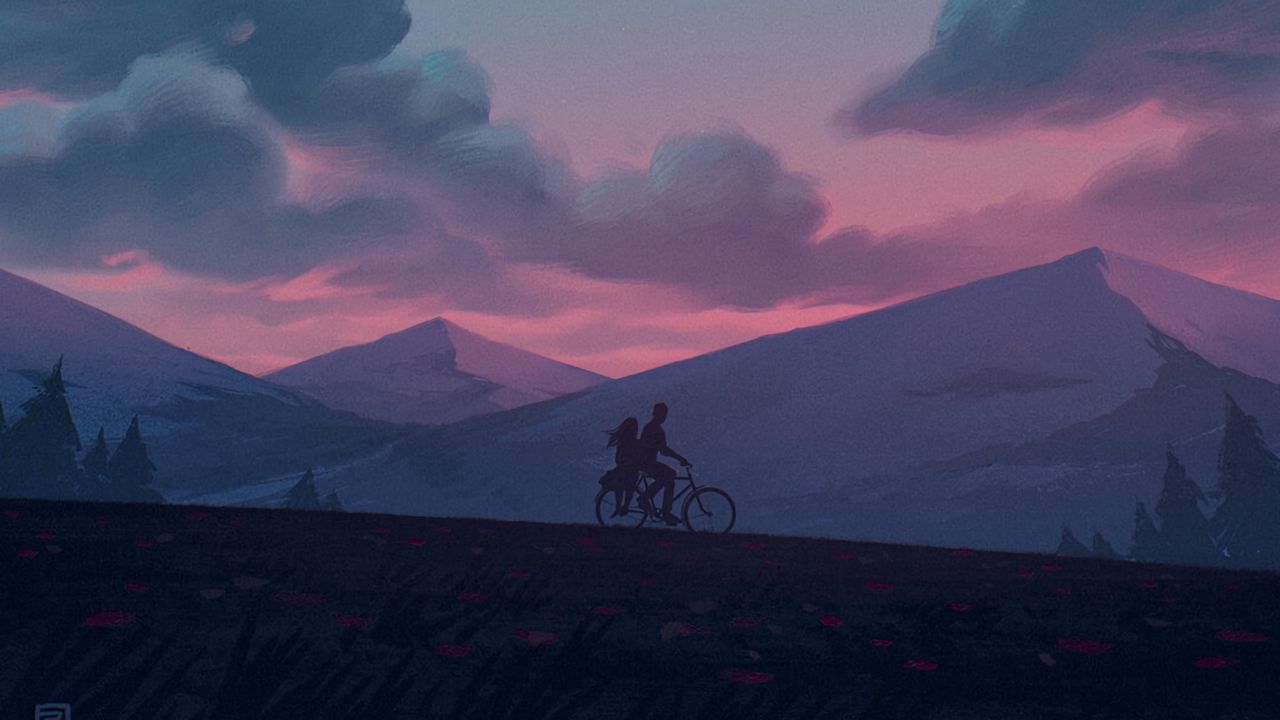 Обои силуэты, велосипед, ночь, горы, арт