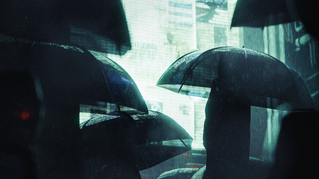 Обои силуэты, зонтики, дождь, экран, темный