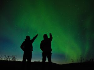 Превью обои силуэты, звездное небо, ночь