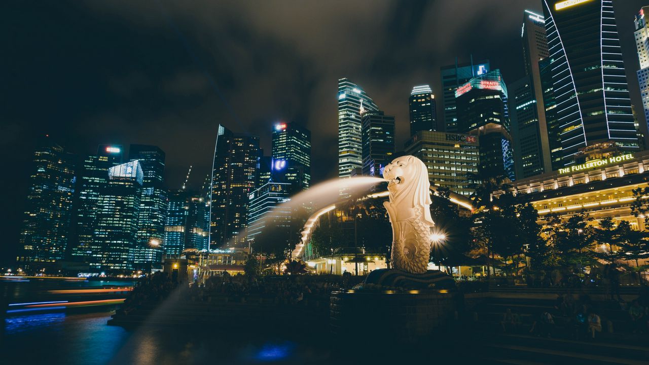Обои сингапур, фонтан, небоскребы