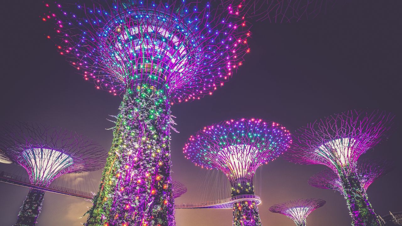 Обои сингапур, искусственные деревья, освещение, украшение, город