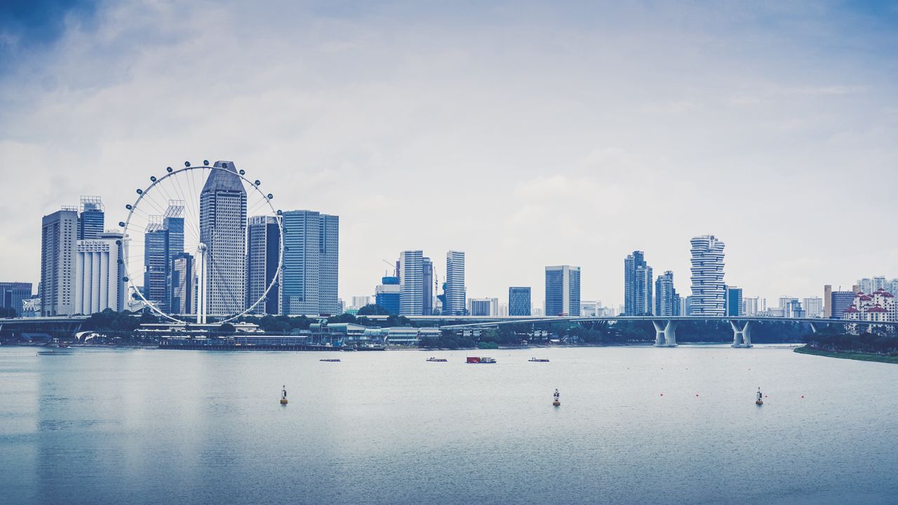 Обои сингапур, небоскребы, берег, колесо обозрения