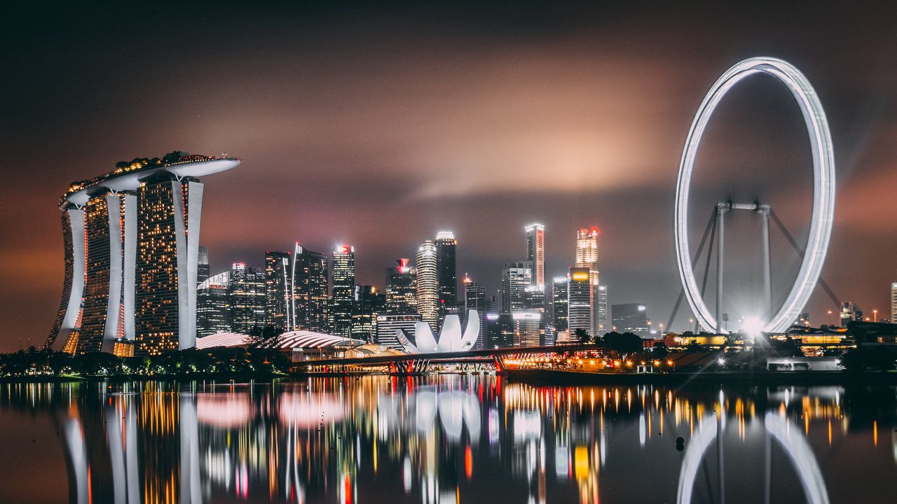 Обои сингапур, небоскребы, здания, берег, ночь