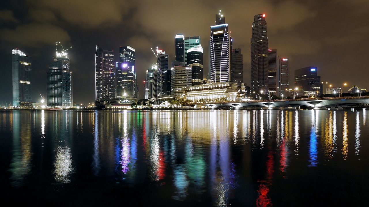 Обои сингапур, ночь, здания, отражение, красочный