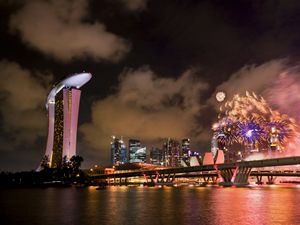 Превью обои сингапур, праздник, фейерверк, мост