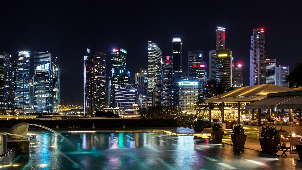 Обои сингапур, световое шоу, ночь, небоскребы