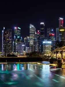 Превью обои сингапур, световое шоу, ночь, небоскребы