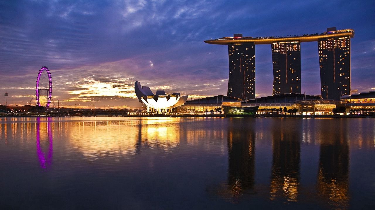 Обои сингапур, восход, сооружение, отражение