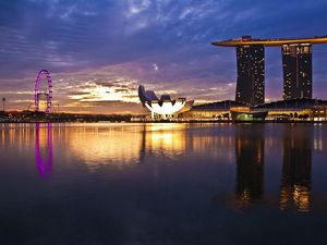 Превью обои сингапур, восход, сооружение, отражение