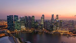 Превью обои сингапур, закат, река, здания, небоскребы