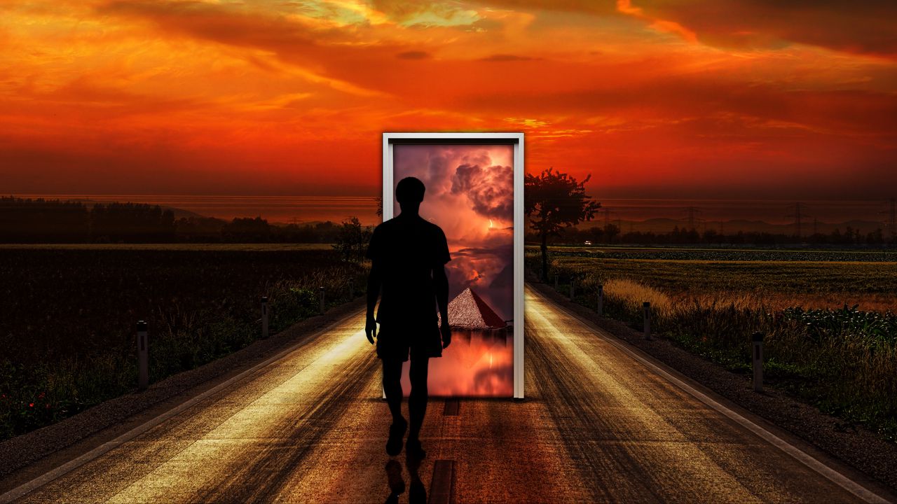 Обои сюрреализм, человек, дверь, воображение