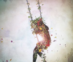 Превью обои сюрреализм, качели, цветы, листья, воображение, арт