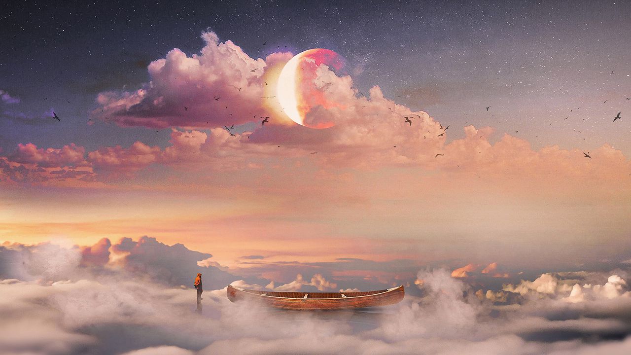 Обои сюрреализм, лодка, облака, одинокий, человек, звездное небо