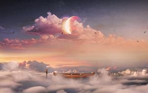 Превью обои сюрреализм, лодка, облака, одинокий, человек, звездное небо