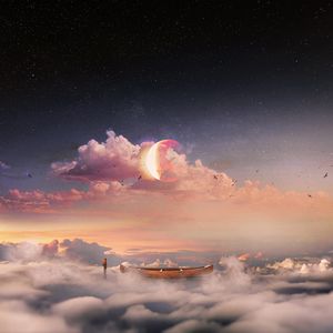 Превью обои сюрреализм, лодка, облака, одинокий, человек, звездное небо
