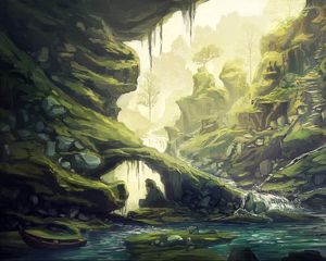 Превью обои скала, арка, ручей, дерево, арт