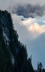 Превью обои скала, деревья, облака, гора, вершина