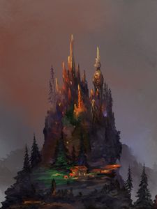Превью обои скала, дом, деревья, арт
