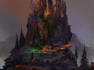 Превью обои скала, дом, деревья, арт