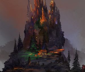 Превью обои скала, дом, деревья, арт