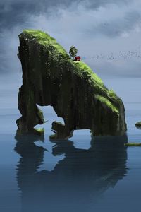 Превью обои скала, дом, склон, вода, отражение, арт