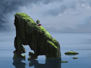 Превью обои скала, дом, склон, вода, отражение, арт