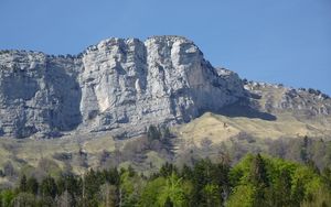 Превью обои скала, гора, деревья, пейзаж, рельеф