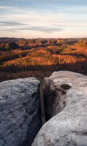 Превью обои скала, каменный, лес, рельеф, горизонт