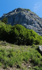 Превью обои скала, камни, кусты, природа, небо, вид снизу, пейзаж