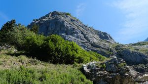 Превью обои скала, камни, кусты, природа, небо, вид снизу, пейзаж