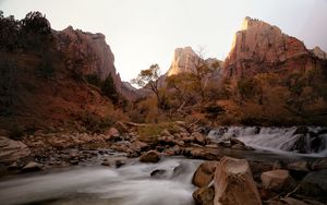 Превью обои скала, камни, водопад, поток, деревья