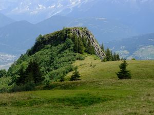 Превью обои скала, кусты, деревья, трава, горы, туман