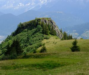 Превью обои скала, кусты, деревья, трава, горы, туман