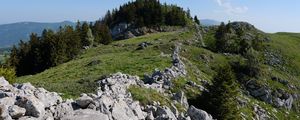 Превью обои скала, лес, луг, природа, горы, небо